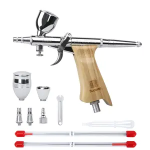 Bucasso Airbrush Kit, Air Brush Spray Gun with 0.2mm/0.3mm/0.5mm Needles/Nozzle Sets, 3cc/7cc/11cc Replaceable Fluid Cup for Painting Model Nails Cake Tattoo Makeup  (Wood-02))