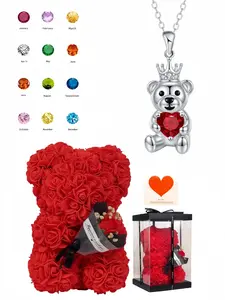Fairy Tale Confession Trendy cute bear pendant luxury diamond-inlaid gem necklace.Matched with a preserved rose and teddy bear gift box, it is an exquisite mysterious gift for birthdays, Valentine's Day, Mother's Day and Christmas.
