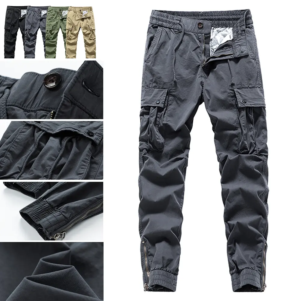 Men’s outdoor tactical cargo pants, 100% cotton with multiple pockets, elastic waistband with drawstring and zippered cuffs, stretchy leg openings—lightweight, durable work pants suitable for camping, hiking, and fishing, ideal for spring, summer, and aut