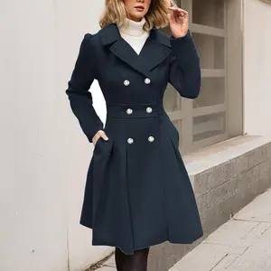 Women’s Wool Blend Windbreaker Coat – Fashionable Double-Breasted Thick Trench Coat with Notched Lapels and Pockets, Gift Idea