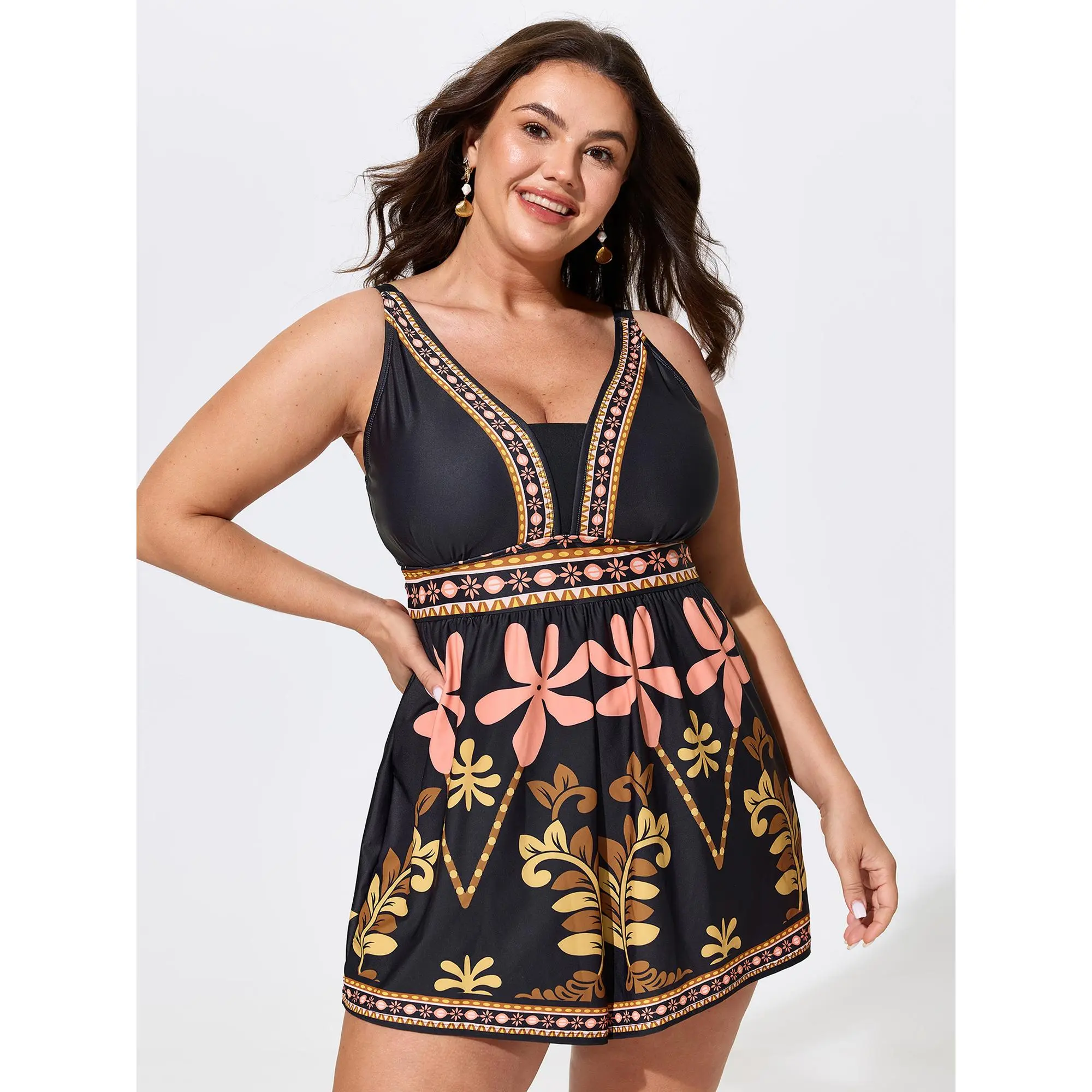 BloomChic Plus Size Floral Print Tunic Swim Romper, V-Neck 1-Piece with Adjustable Straps and Hip-Flattering Fit, Plus Size Swimsuits, Polyester, Elastane, Swimsuits 2026, Cold Wash, Iron On Low Heat, Machine Washable, 22-24/3X, 14-16/1X, No, Female