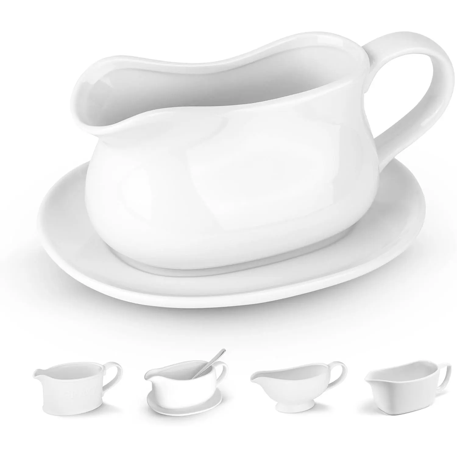Kook Gravy Boat & Saucer, 17 oz, Ceramic Serving Dish, Dispenser with Tray for Sauces, Dressings and Creamer, Large Handle, Microwave and Dishwasher Safe, White (Classic Gravy Boat)