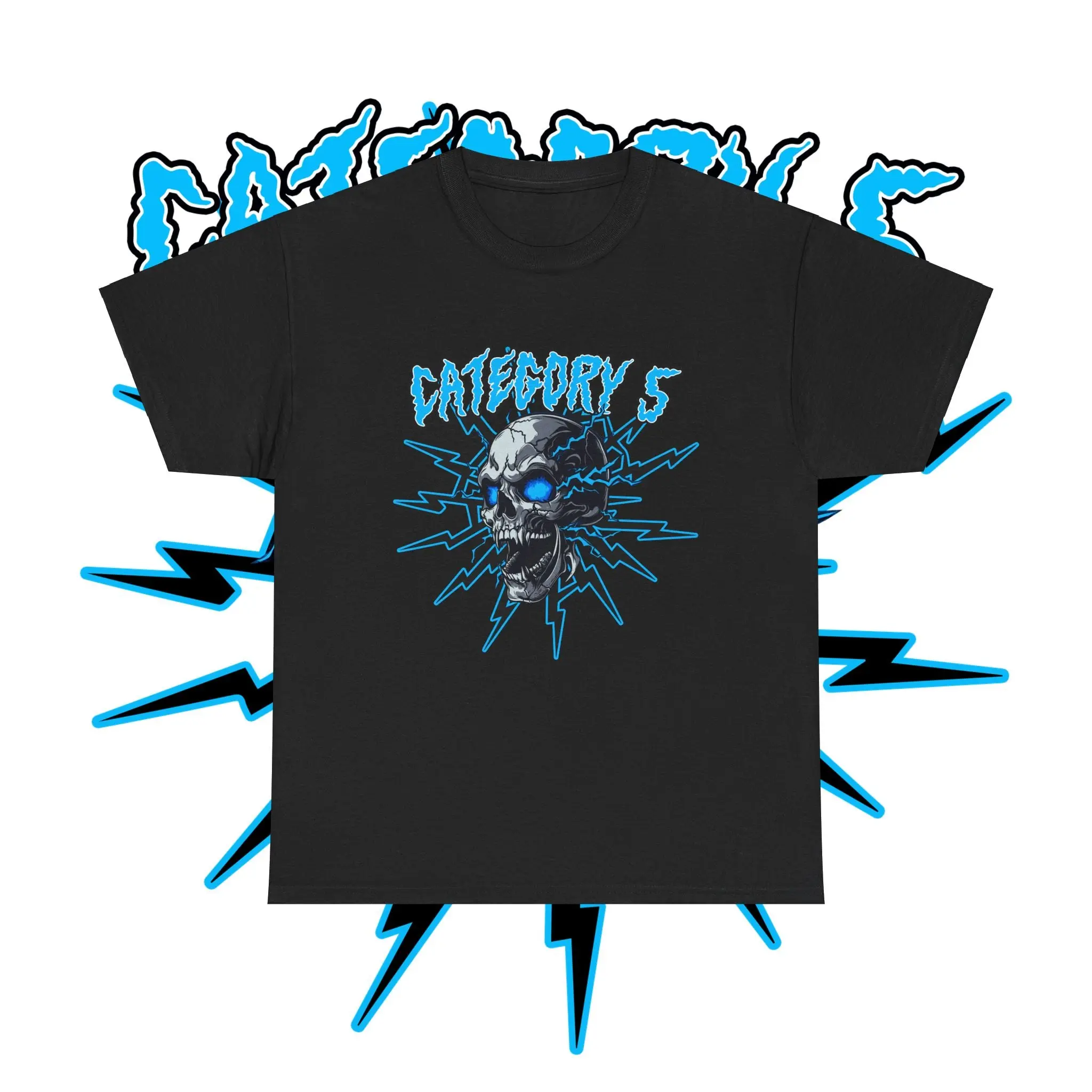 Crew‑neck short‑sleeve top equipped with screaming‑skull artwork surrounded by lightning motifs and distorted‑style text print, aggressive metal‑style unisex daily‑wear shirt