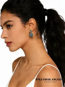 Pathologos Platinum-Plated Green Enamel Flower Drop Earrings with 3mm Center Stone