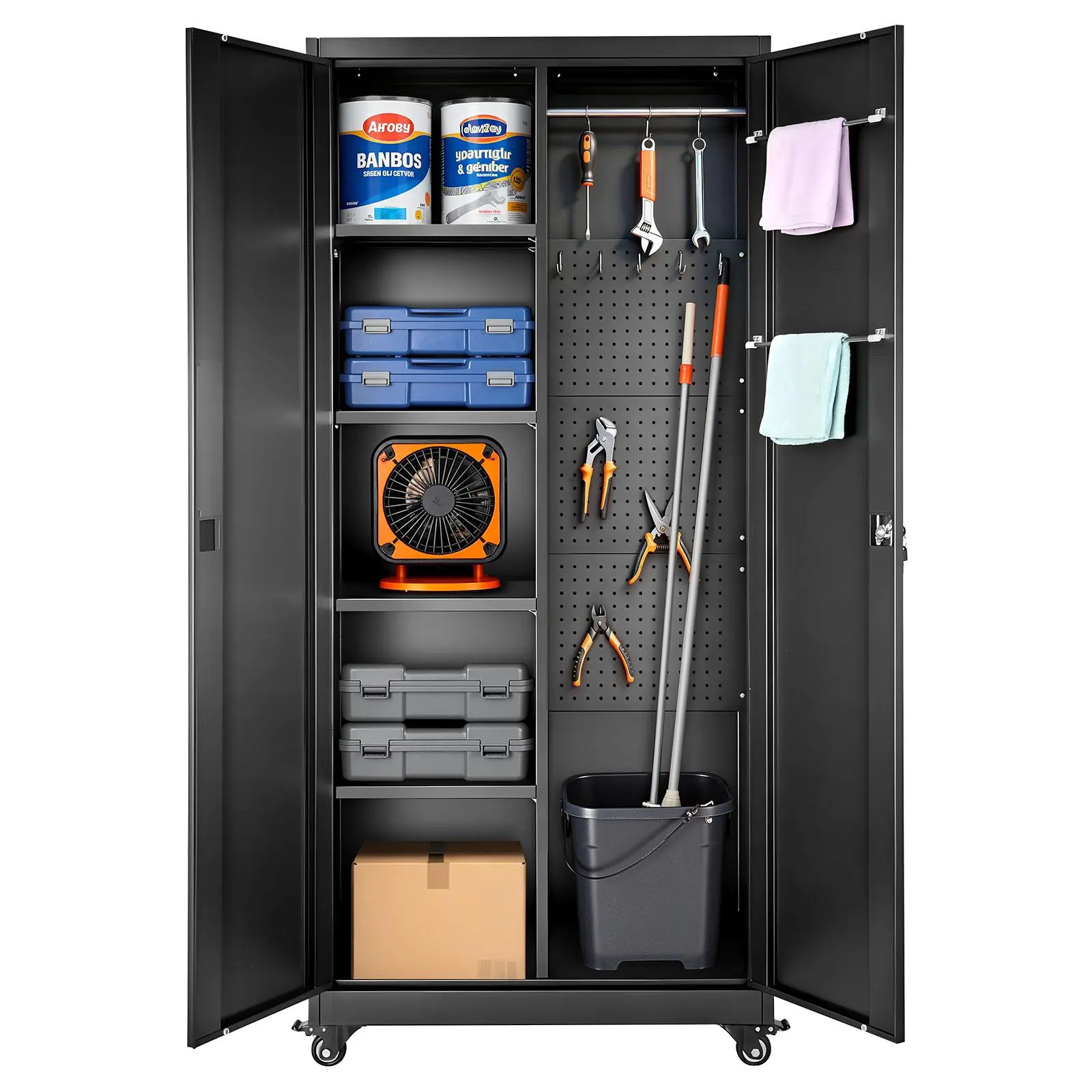 VEVOR All Steel 5-Shelf Cabinet, 70.6 in Rolling Lockable Tool Storage Cabinet with Adjustable Multi-Compartment Shelves, 2 Magnetic Doors, Hanging Rod, 3 Rod Hooks, for Garage, Pantry (Father's Day Gift), 5-Shelf Cabinets, Adjustable Multi-Compartment Ca