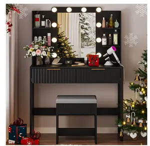 Lighted Makeup Vanity, Black Vanity Table Set with 2 Drawer and Charging Station, Femal Gift