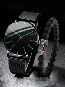 2-piece sports casual men's round black mesh Quartz Movement watch + bracelet set, blue dial with scale, black beaded bracelet, suitable for daily wear, holiday gifts