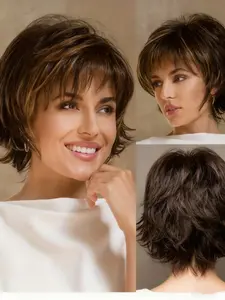 Women's Loose Curled Highlighted Gold Wig, 10 Inch Short Synthetic Layered Texture, Fashionable Daily Wear & Christmas Party, Machine Made Wigs