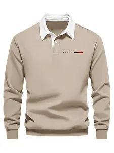 Men's Fall Winter Polo Neck Half Button Sweatshirt, Casual Sporty Sweatshirt, Casual Fashion Sweatshirt, Casual Outdoor Pullover, Casual Streetwear Pullover, Letter Print Design, Fitted Style, Plain Fabric, Long Sleeve