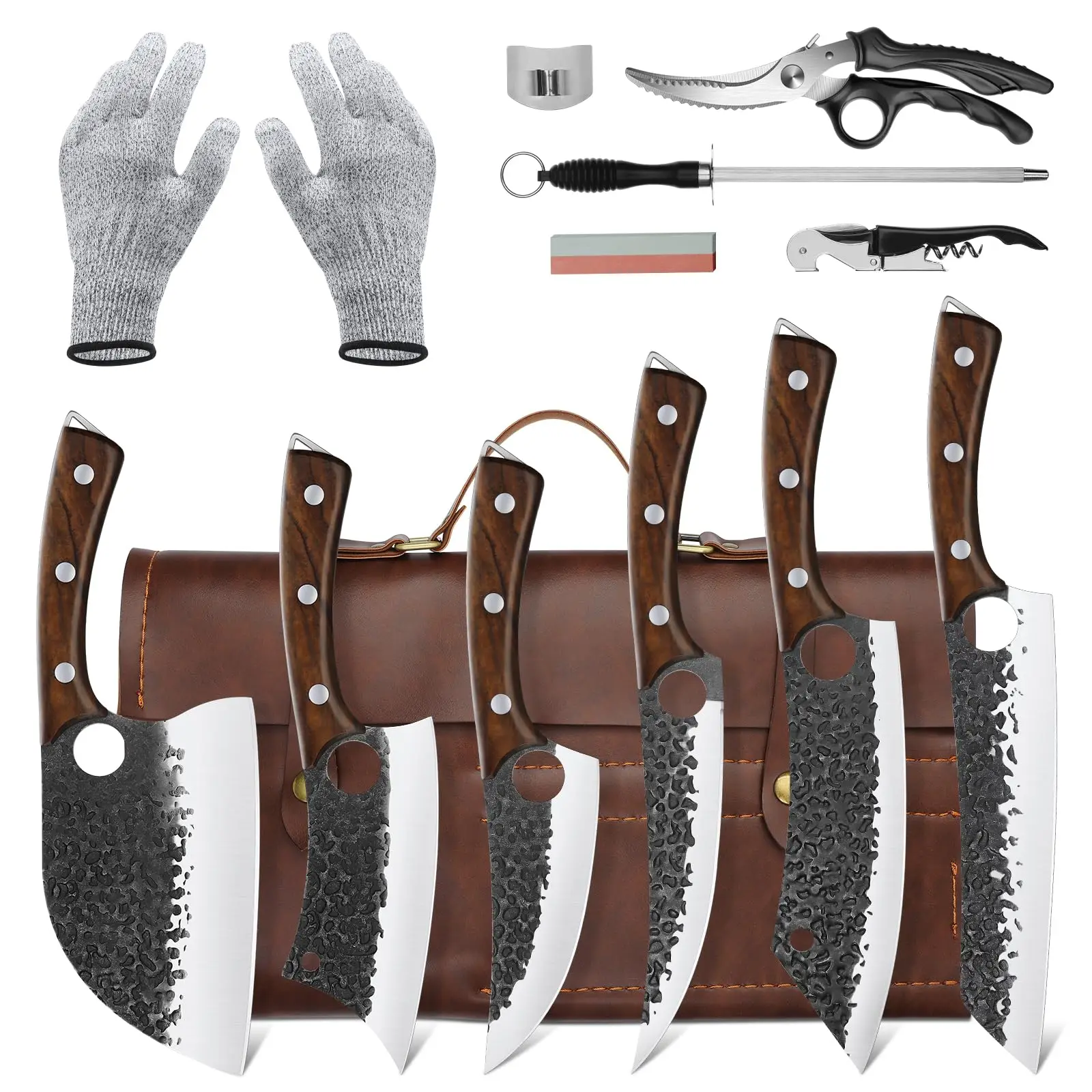 Purple Dragon 6PCS Set High Carbon Steel Chef Knife with Accessories for Restaurant and Outdoor BBQ Camping - Knife Block, Block, BlackFriday Gift