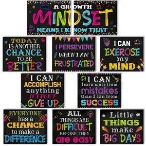 2D Flat  10pcs Classroom Motivational Posters Growth Mindset Banner Inspirational Bulletin Board Positive Wall Classroom Decoration for School Wall Art Decoration 8*10inches Home Classroom Decorations