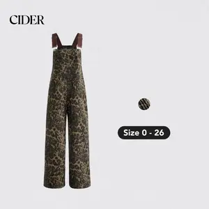 Cider [2 colors, size 0-26] Oversized Denim Leopard Pocket Buckle Up Wide Leg Jumpsuit, Womenswear Overalls