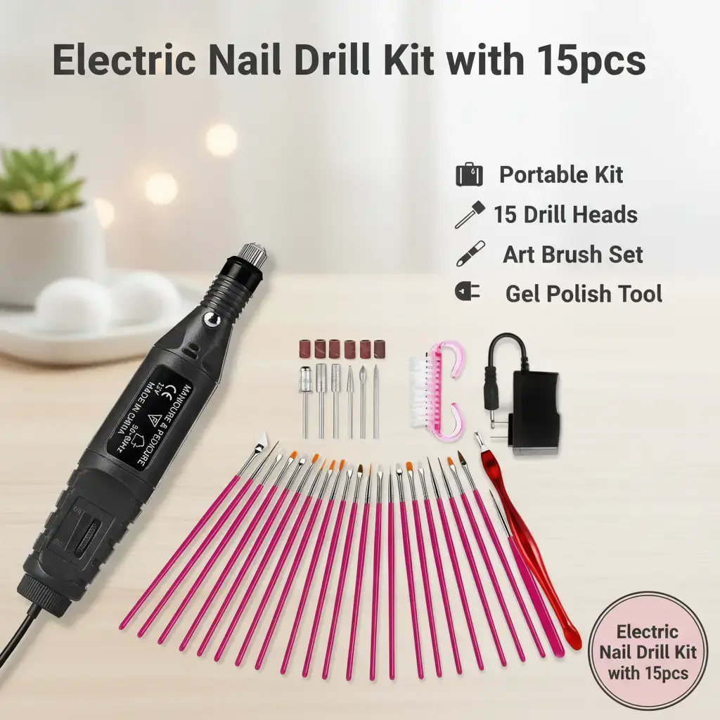 NAME Electric Nail Drill Machine 15pc US Plug 15 Art Brushes 6 Drill Heads Nail File Replaceable Set for Gel Polish Tool Portable Manicure Kit in Red Pink Black White