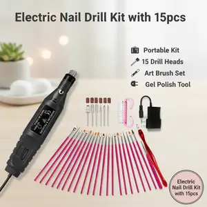 NAME Electric Nail Drill Machine 15pc US Plug 15 Art Brushes 6 Drill Heads Nail File Replaceable Set for Gel Polish Tool Portable Manicure Kit in Red Pink Black White