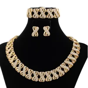 Luxury 4-Piece Gold Plated Jewelry Set for Women - Crystal Infinity X-Link Necklace, Bracelet, Earrings & Ring - Heavy Chunky Statement Choker Accessories for Wedding, Party, Church & Gala - Dubai Style Bridal Gift for Mom Wife (Gold Tone)