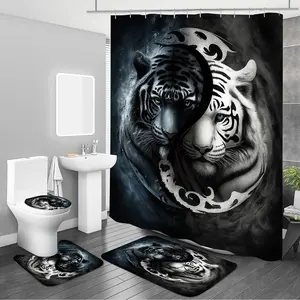 1PC/4PCS 2D Flat Printing Background Shower Curtain, Home Bathroom Decoration, Waterproof Fabric Shower Curtain Set with 12 Hooks, Non-slip Bathroom Rug, Bathroom Decoration Accessories, Shower Essentials