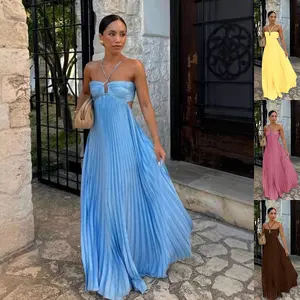 Pleated High‑Waist Halter Dress with Cut‑Out