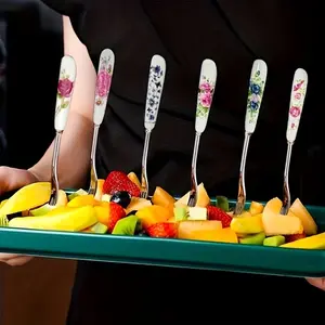 [6pcs Stainless Steel Fork] Fork with Floral Ceramic Handles,  Elegant Design, Salad Fork, Small Fork | Suitable for Dessert Fork in Home, Afternoon Tea, Restaurant and Kitchen