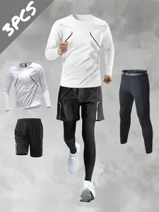 Men’s 3-piece long-sleeve sports set: quick-dry top + shorts + compression tights. Moisture-wicking and sweat-wicking, suitable for running, fitness, basketball, outdoor training, night runs, and cycling; ideal for spring and autumn.