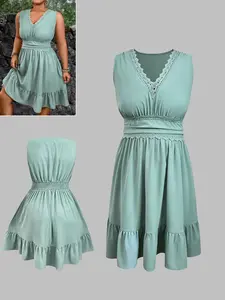 Plus Size Women's Dress, Autumn Lace Patchwork, High Waist Fitted Casual Style, Long Sleeve Tiered Layer Design, All Seasons Wear, Womenswear