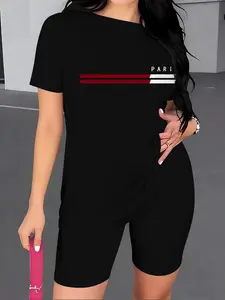 Women's Casual Set: A two-piece set featuring a short-sleeve T-shirt with a striped “Paris” lettering print and slim-fit athletic shorts, summer style Womenswear