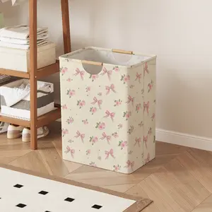 Rose Bow Print Open Storage Box, Foldable Laundry Basket with Handle, Home Bathroom Dirty Clothes Organizer Bucket