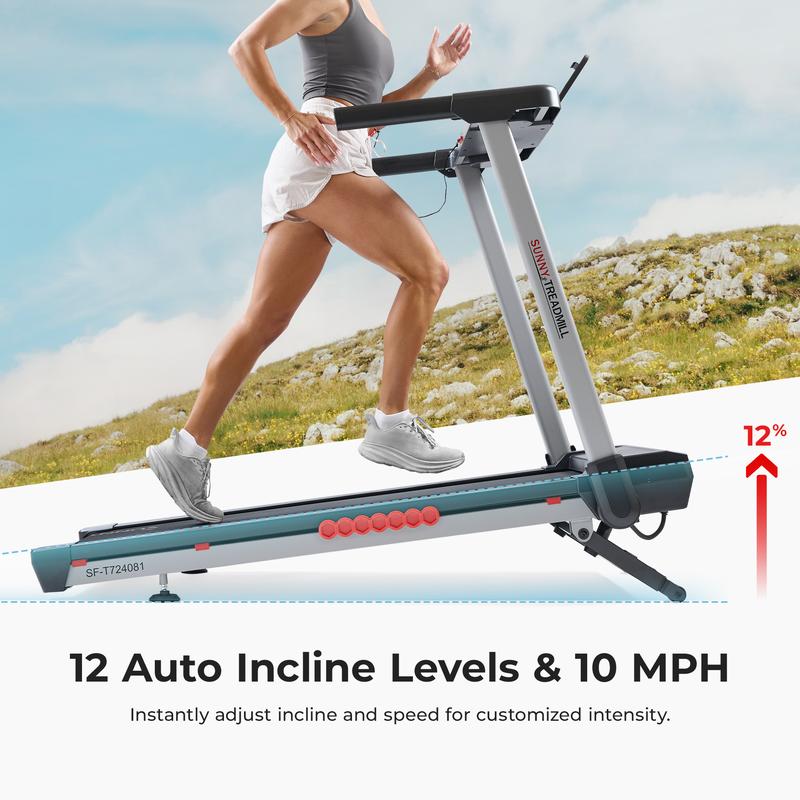 Sunny Health & Fitness Pace 500 Smart Auto Incline Treadmill with 18" Wide Running Surface 300 LBS Capacity 12 Incline Levels & Up to 10 MPH Speed