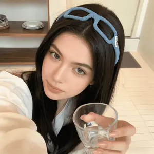 Retro Denim Blue Eyeglass Frame Headband Fashionable High Top Head Hoop Wearable Hair Pressing Clip Versatile Hair Accessory