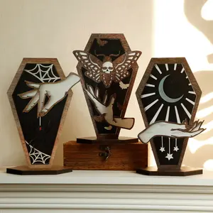 1PC Halloween Wooden Coffin Table Decor, Desktop Decorative Ornament, Decorative Plaque, Hand Skull Moth Moon Star Design, Gothic Spooky Horror Home Decoration, Made in China, Wood Material