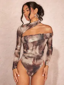 BAE Women's Summer Tie Dye Printed Asymmetrical Collar Ruched Slim Fit Bodysuit casual comfy