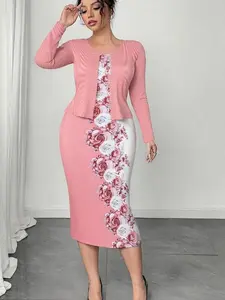 Women's Plus Size 2 Piece Pink Floral Midi Dress Set - Sleeveless Bodycon Dress with Long Sleeve Ribbed Cardigan for Wedding Guest & Mother of The Bride Outfit - Formal, Womenswear