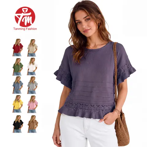 Tanming Womens Ruffle Sleeve Crew Neck Knit Top Hollow Out Crochet Short Sleeve Shirt Spring Summer Fall Outdoor Travel Streetwear Casual Daily Workwear