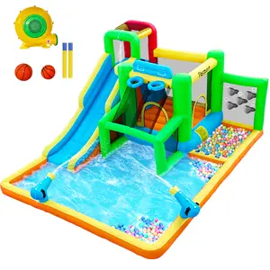 FBSPORT Inflatable Bounce House Water Slide 9-in-1 Fun Zone with 550W Blower, Water Gun, Splash Pool, Bounce Area & Accessories for Kids Play