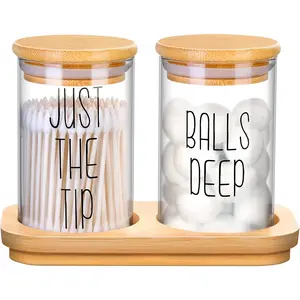2 Pack Qtip Holder Dispenser Glass Apothecary Jars Canisters with Tray Bathroom Set with Bamboo Lids for Cotton Ball Cotton Swab Farmhouse Bathroom Storage Organization
