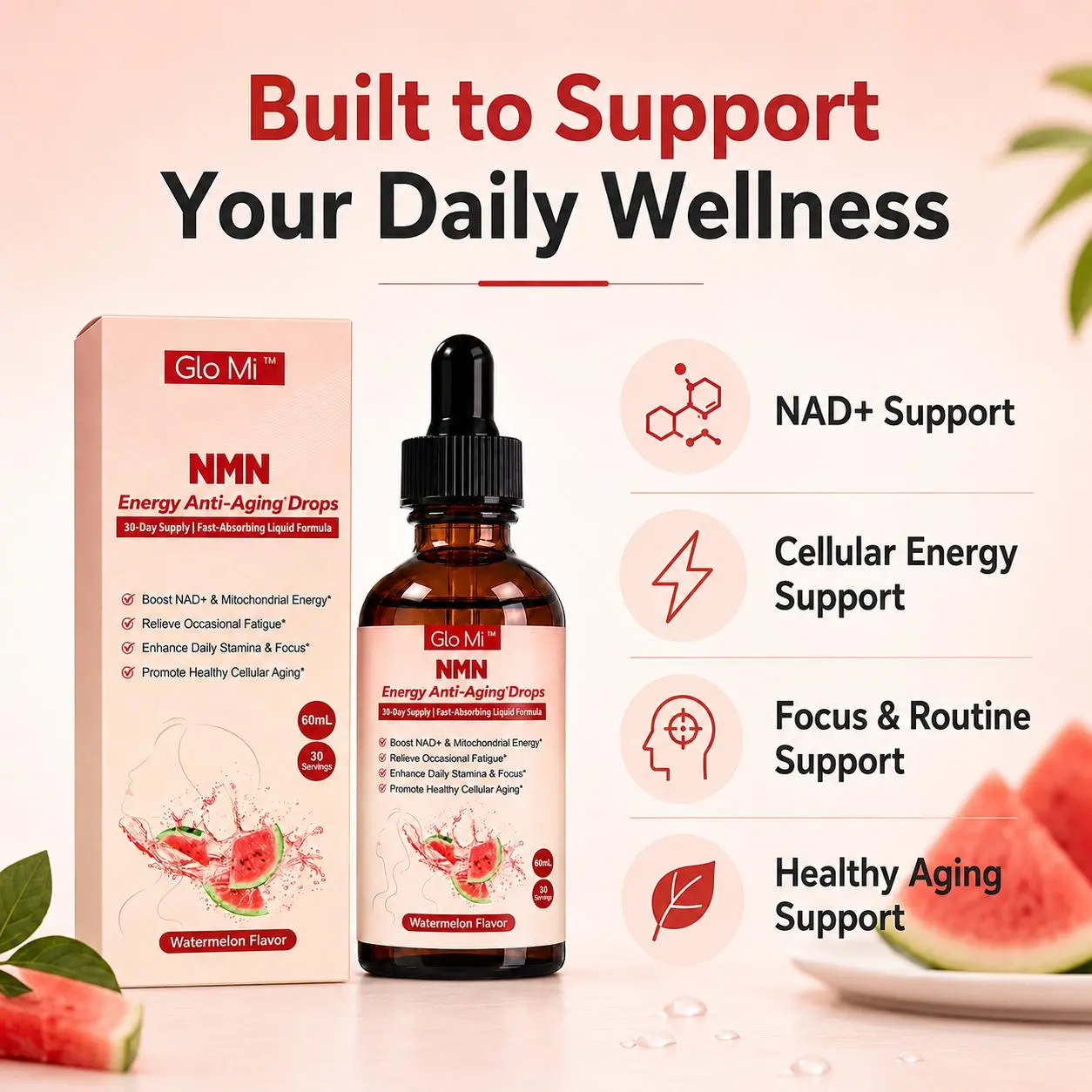 NMN Supplement Liquid Drops, 500mg NMN with AKG, TMG & CoQ10, Watermelon Flavor, NAD+ Support, 30-Day Supply
