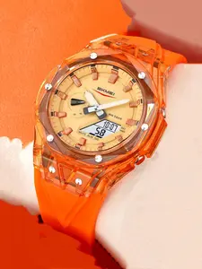 Men's Fashionable Round Dial Quartz Digital Watch, Casual Quartz Analog Sporty Waterproof Quartz Wristwatch with Led Light, Water Resistant Watch, Trendy Multifunctional Watch for Outdoor Sports, Quartz Wrist Watches