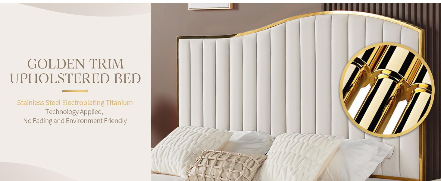 AMERLIFE 61.4 Tall Harp Bed Frame, Modern Velvet Upholstered Bed with Vertical Channel Gold Trim Headboard and Footboard/Comfortable&Sturdy/ Luxury Furniture Design/Queen/King Size/Best Gift Ideas/Christmas Gifts