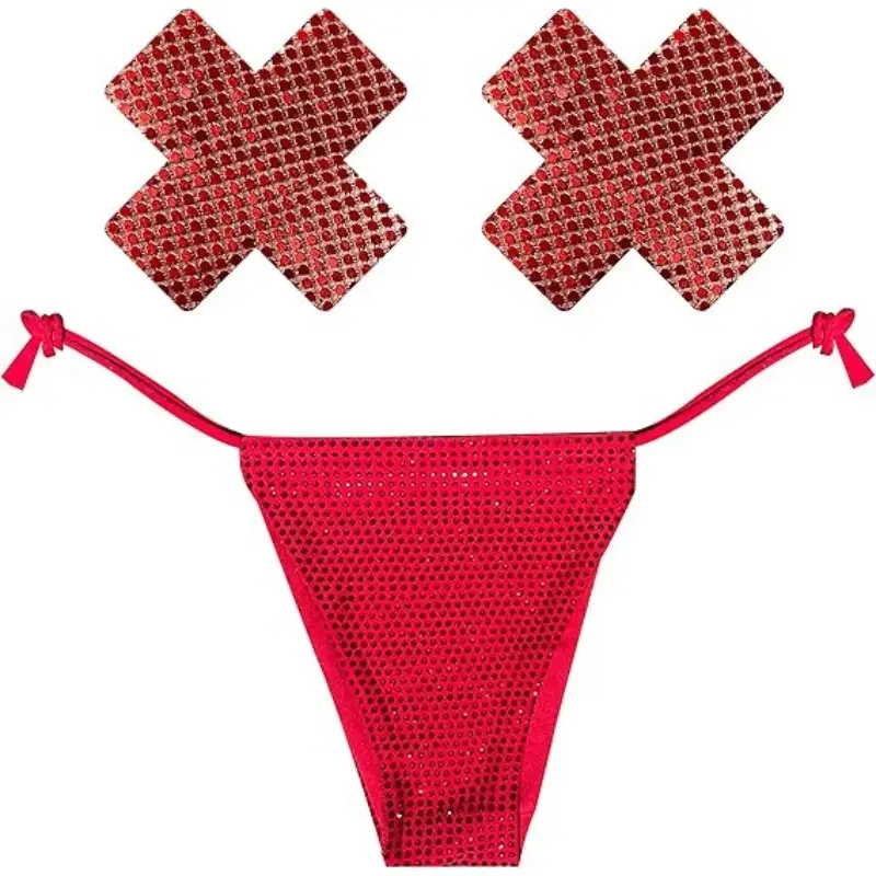 Shiney Hiney Iridescent Crystal High Waisted Pastie and Pantie Lingerie Set - Red - Small