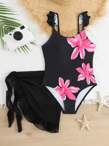 New Floral Print Halter One-Piece Swimsuit for Girls, European Style Sleeveless Two-Piece Swimwear, Swimwear Sets, Beach Sun Protection Set