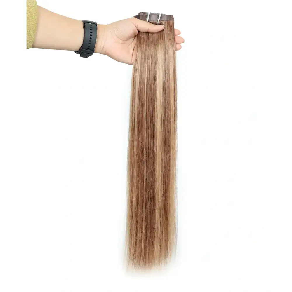 YGwigs Colored Seamless Clip in Human Hair Extensions Silicone Weft #4/27/4, #613 Blonde