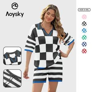 Aoysky Womens 2 Piece Outfits Sweater Sets Color Block Striped Half Sleeve V Neck Knit Tops Shorts Lounge Matching Set
