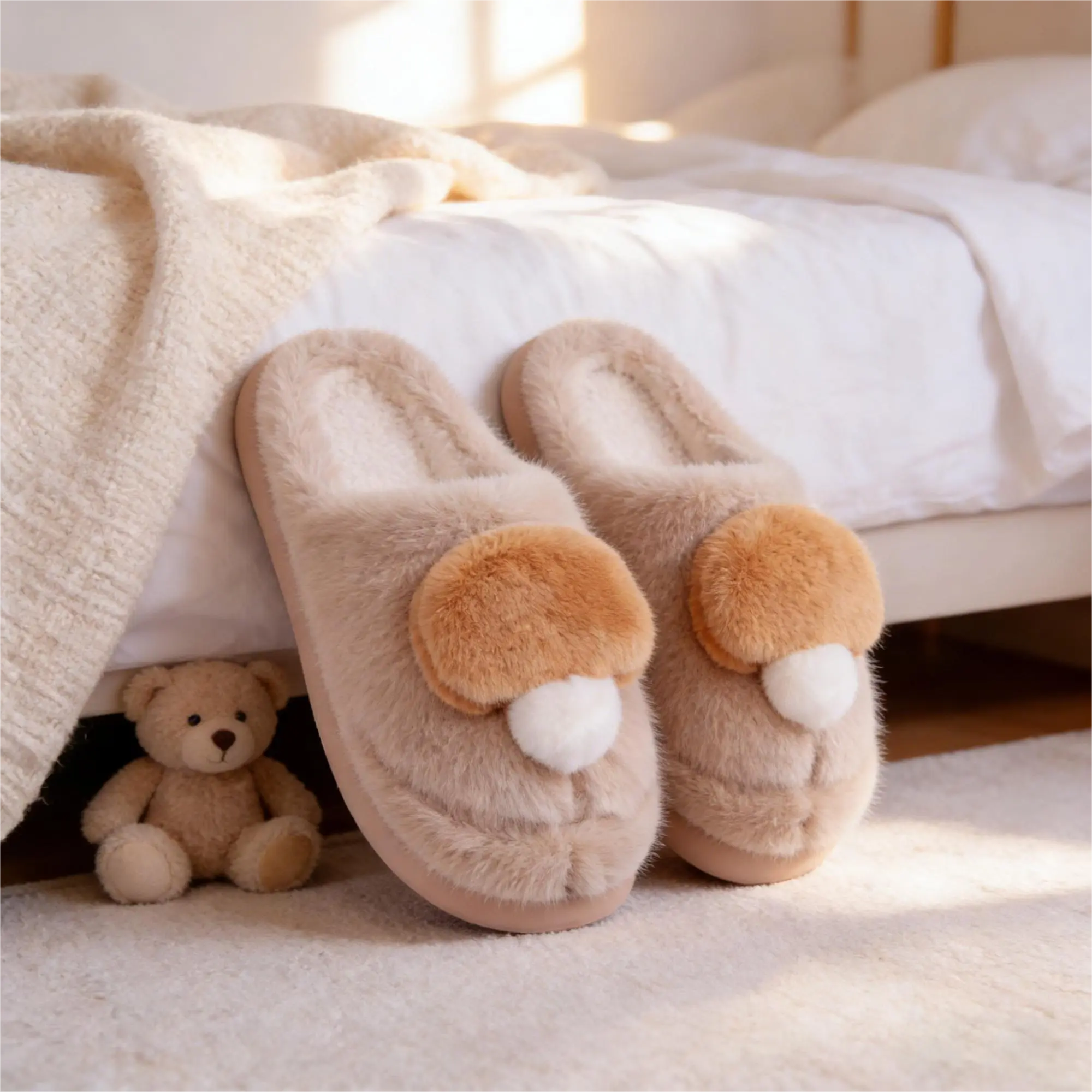 Women's Mushroom Puff Slippers, Soft Plush Fabric Slip On House Shoes for Indoors, Casual Winter Footwear with Non-Slip TPU Sole, Fluffy Softness, Mushroom Shape, Cute, Breathable, Yourself, A Loved One