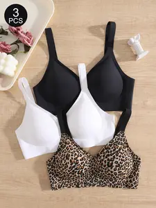 2/3/4 Pack Jelly Bra Set, Seamless Wire-Free Design, Leopard Print Pattern, Medium Support, Slim Fit, Lined Innerwear for Women, Everyday