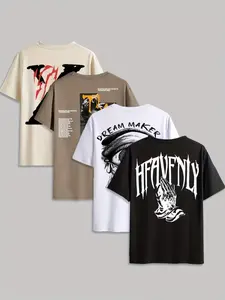 Men's 4-Pack Printed T-Shirts "Paradise" & More Designs Crew Neck Short Sleeve Casual Beige Black White Lightweight Polyester for Summer Outdoor Use