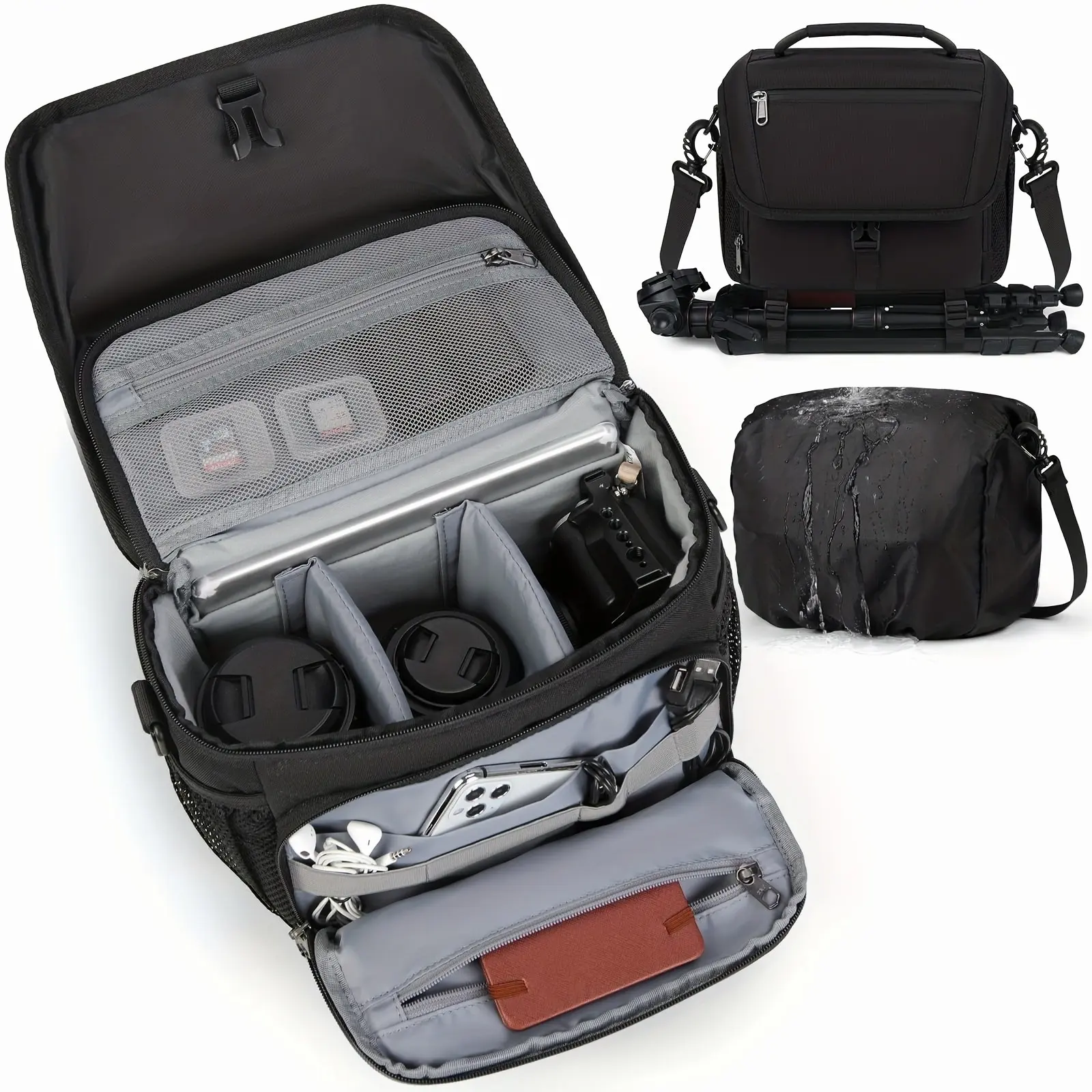 RAINSMORE Camera Bag, DSLR/SLR/Mirrorless Camera Case with Tripod Holder Camera Sling Bag Crossbody Camera Bags for Photographers with Rain Cover for Canon/Nikon/Sony/Fuji, Black