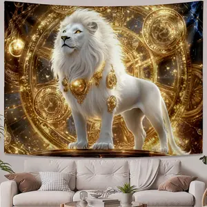 Printed Tapestries White lion with golden ornaments Classic Design Suitable for living room and bedroom decor and accessories