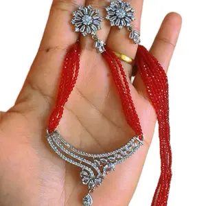 Red Hydro Crystal Necklace with AD Pendant and Earrings for Women - Elegant Jewelry Set