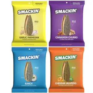 SMACKIN' Jumbo Roasted Sunflower Seeds 4 Pack - Garlic Parmesan, Ranch, Cheddar Jalapeño & Cinnamon Churro Flavors - 1lb Box of Low Sodium Handcrafted American Made Seeds