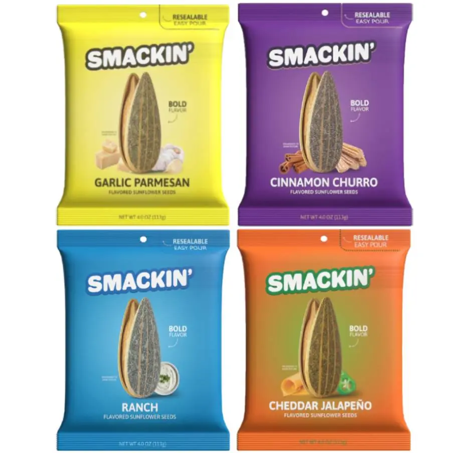 SMACKIN' Jumbo Roasted Sunflower Seeds 4 Pack - Garlic Parmesan, Ranch, Cheddar Jalapeño & Cinnamon Churro Flavors - 1lb Box of Low Sodium Handcrafted American Made Seeds