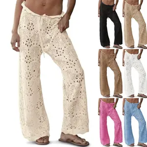 ARTFREE Womens Crochet Swimsuit Coverup Pants High Waisted Drawstring Sexy Sheer Mesh Knit Wide Leg Beach Pants